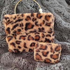 Leopard Print Faux Fur Handbag and Wallet Set